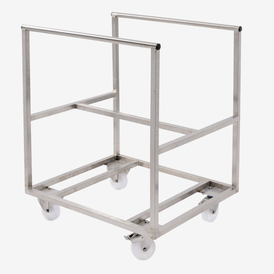 Stainless steel trolley for large volume semicircular container