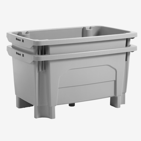 Nesting stacking large volume container with feet