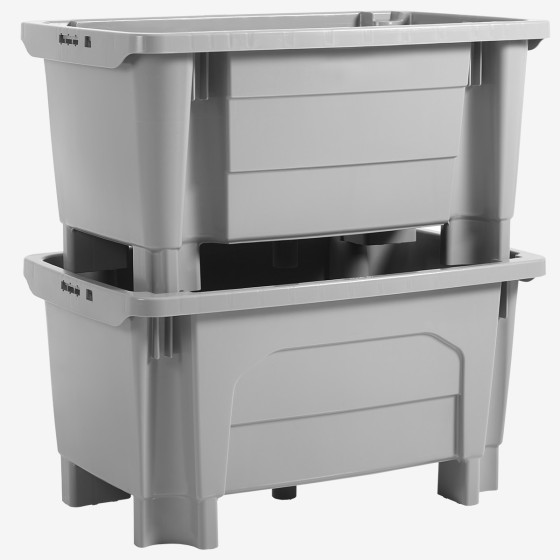 Nesting stacking large volume container with feet