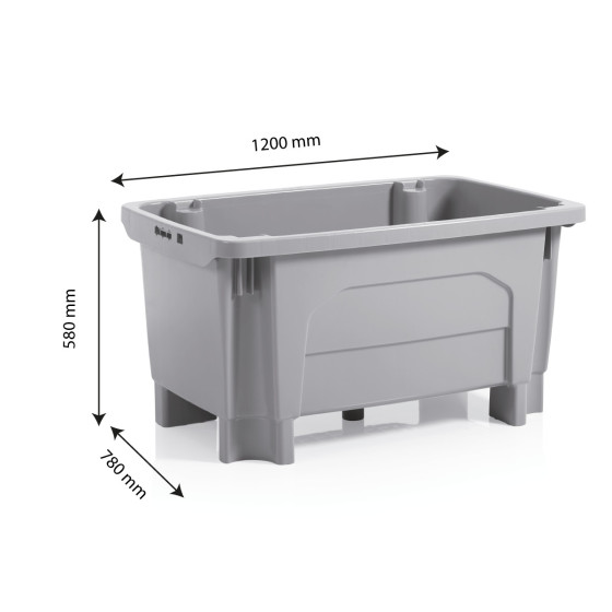 Nesting stacking large volume container with feet