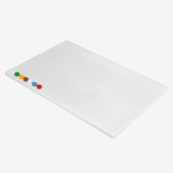 Planche à découper 600 x 400 avec 6 pastilles de couleurs HACCP - blanche