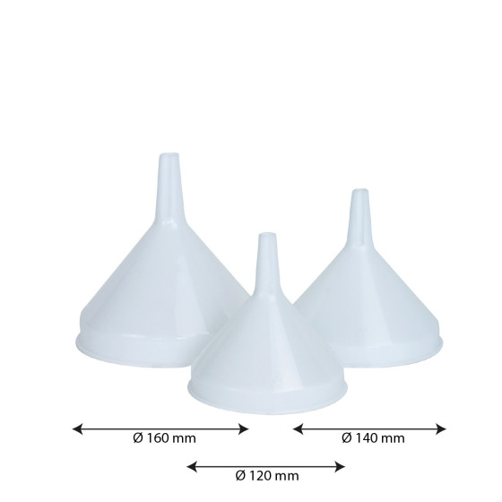 Set of 3 traditional funnels  12 cm, 14 cm and 16 cm  white