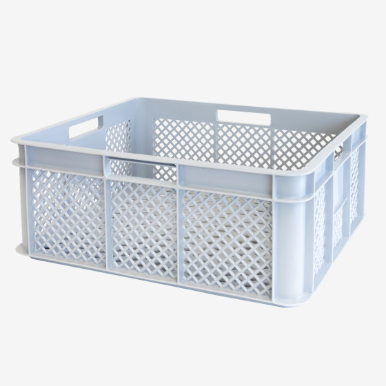 Perforated reinforced crate with stackable handles 400 x 350 mm - 11 L and 18 L - grey Perforated reinforced crate with stackable handles 400 x 350 mm - 11 L and 18 L - grey