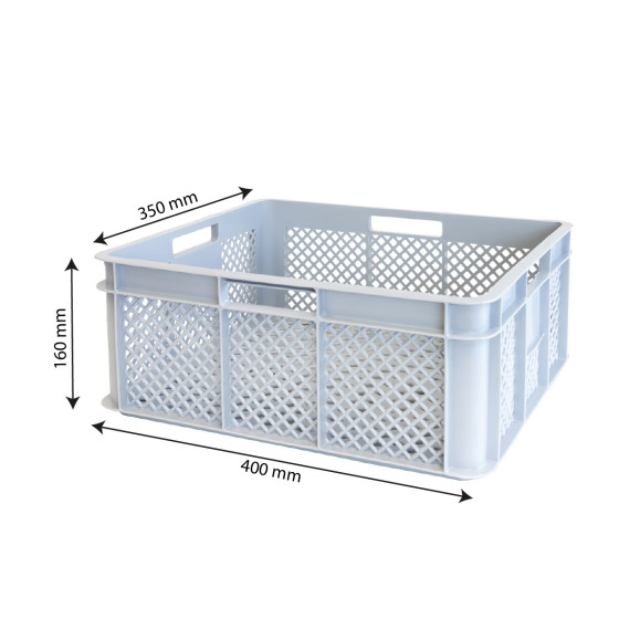 Perforated reinforced crate with stackable handles 400 x 350 mm - 11 L and 18 L - grey Perforated reinforced crate with stackable handles 400 x 350 mm - 11 L and 18 L - grey