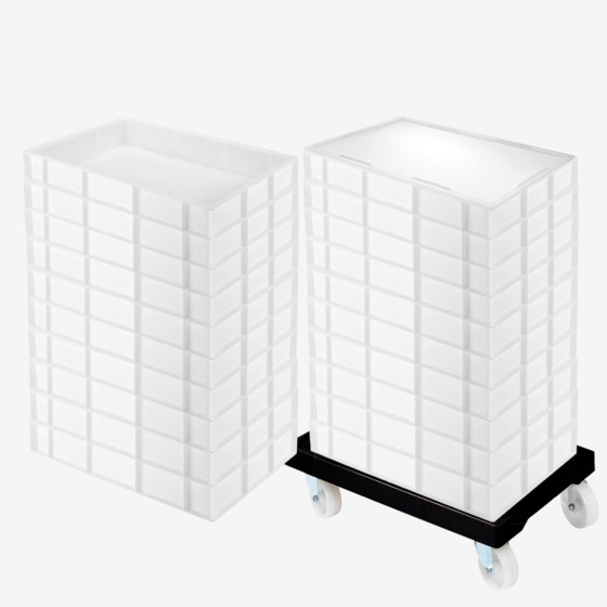 Lot socle rouleur + 20 bacs à pâtons 15 L + couvercle