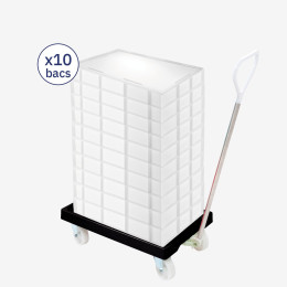 Lot timon + socle rouleur + 10 bacs à pâtons 15 L + couvercle