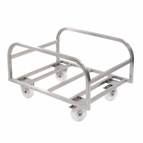 Stainless steel trolley for large volume container.