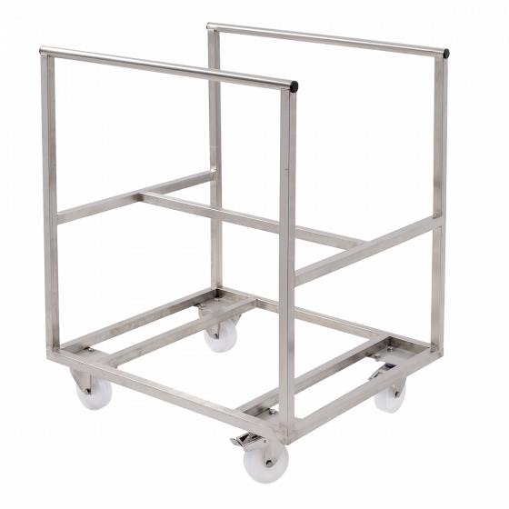 Stainless steel trolley for large volume semicircular container