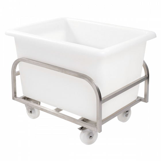 Stainless steel trolley for large volume container.