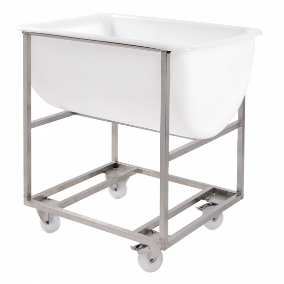 Stainless steel trolley for large volume semicircular container