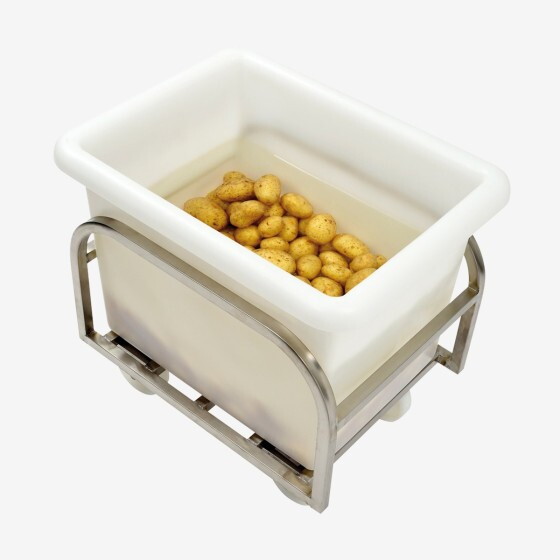 Stainless steel trolley for large volume container.