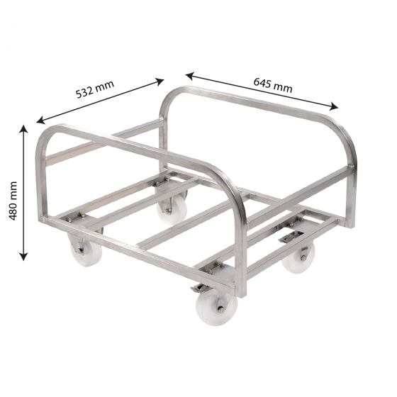 Stainless steel trolley for large volume container.