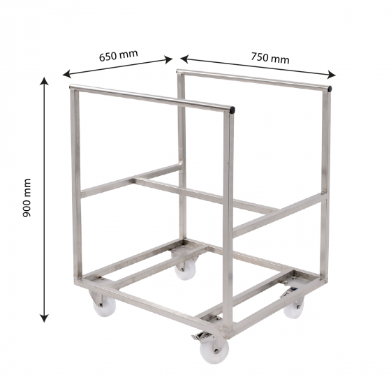 Stainless steel trolley for large volume semicircular container