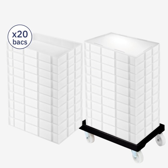 Lot socle rouleur + 20 bacs à pâtons 15 L + couvercle