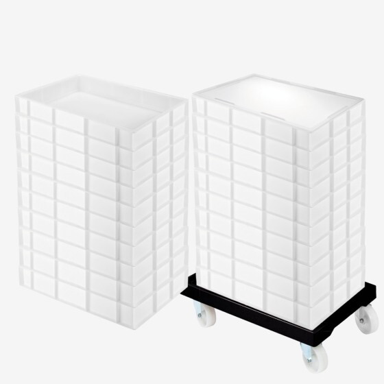 Lot socle rouleur + 20 bacs à pâtons 15 L + couvercle