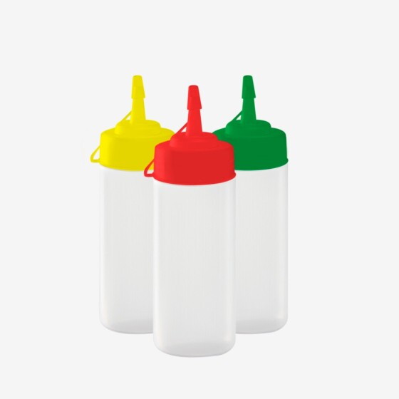 Wide-neck transparent sauce squeeze bottle (pack of 3) – HACCP colour-coded caps – 0.25 L and 0.75 L