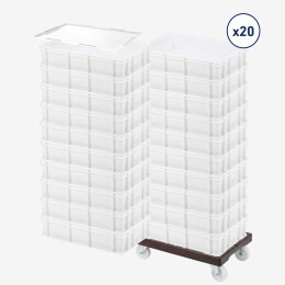 Lot socle rouleur + 20 bacs à pâtons 23L + couvercle