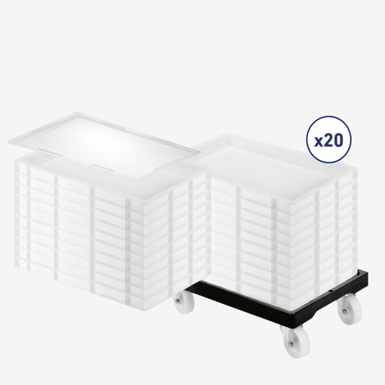 Lot socle rouleur + 20 bacs à pâtons 9L + couvercle