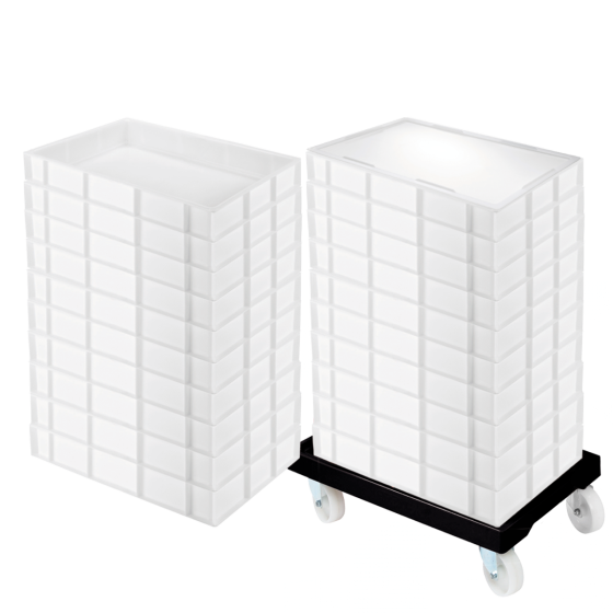 Lot socle rouleur + 20 bacs à pâtons 15 L + couvercle